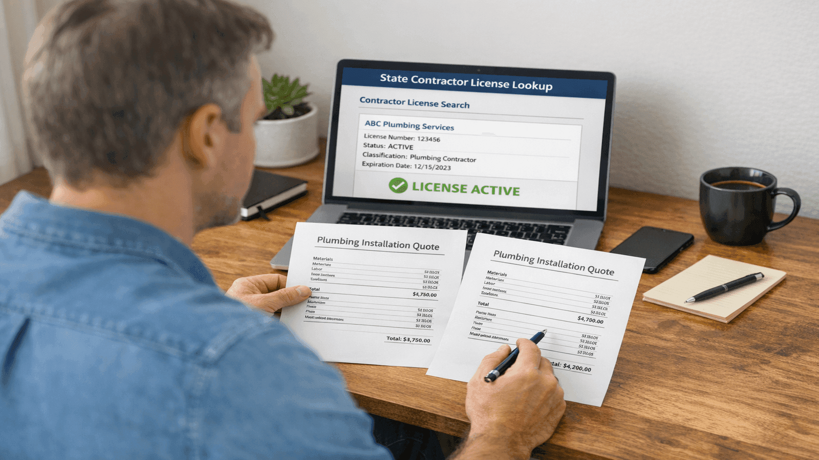 Homeowner at desk with laptop open to state contractor license lookup website, comparing two printed plumbing installation quotes