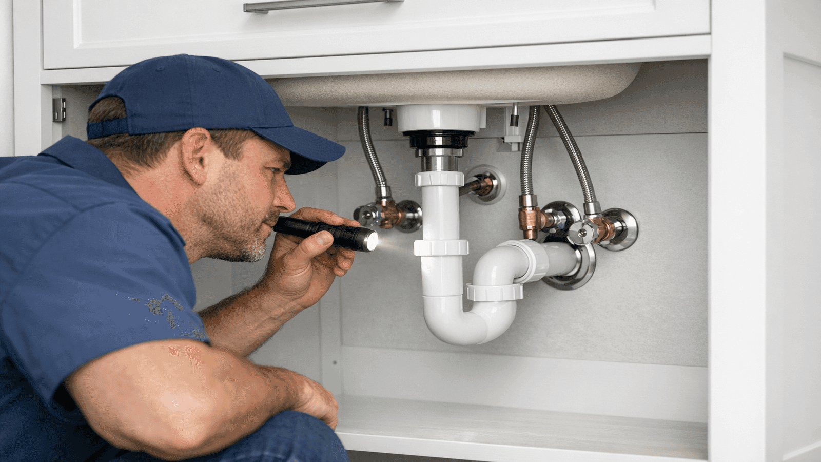 Plumber using flashlight to inspect supply line and P-trap connections under newly installed bathroom vanity sink during final inspection