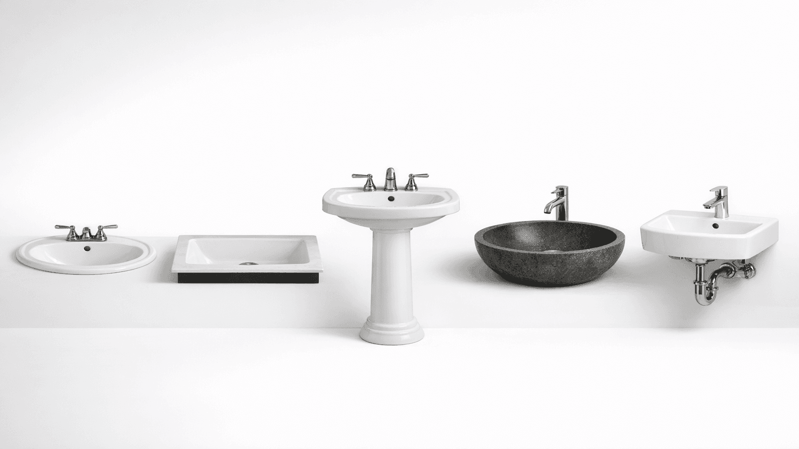 Five bathroom sink types side by side: drop-in, undermount, pedestal, vessel, and wall-mount