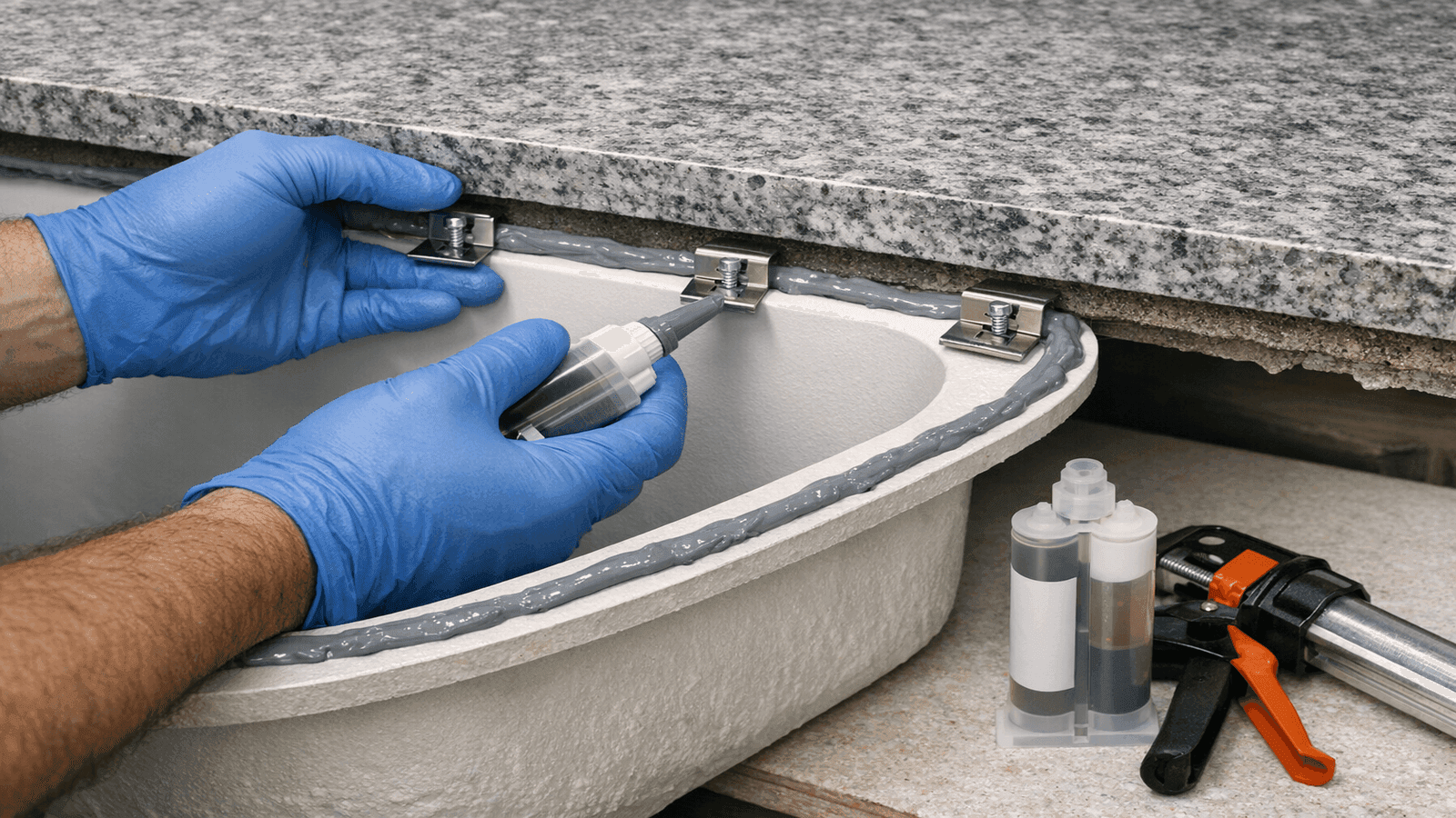 Plumber applying epoxy and mounting clips to secure undermount sink to granite countertop