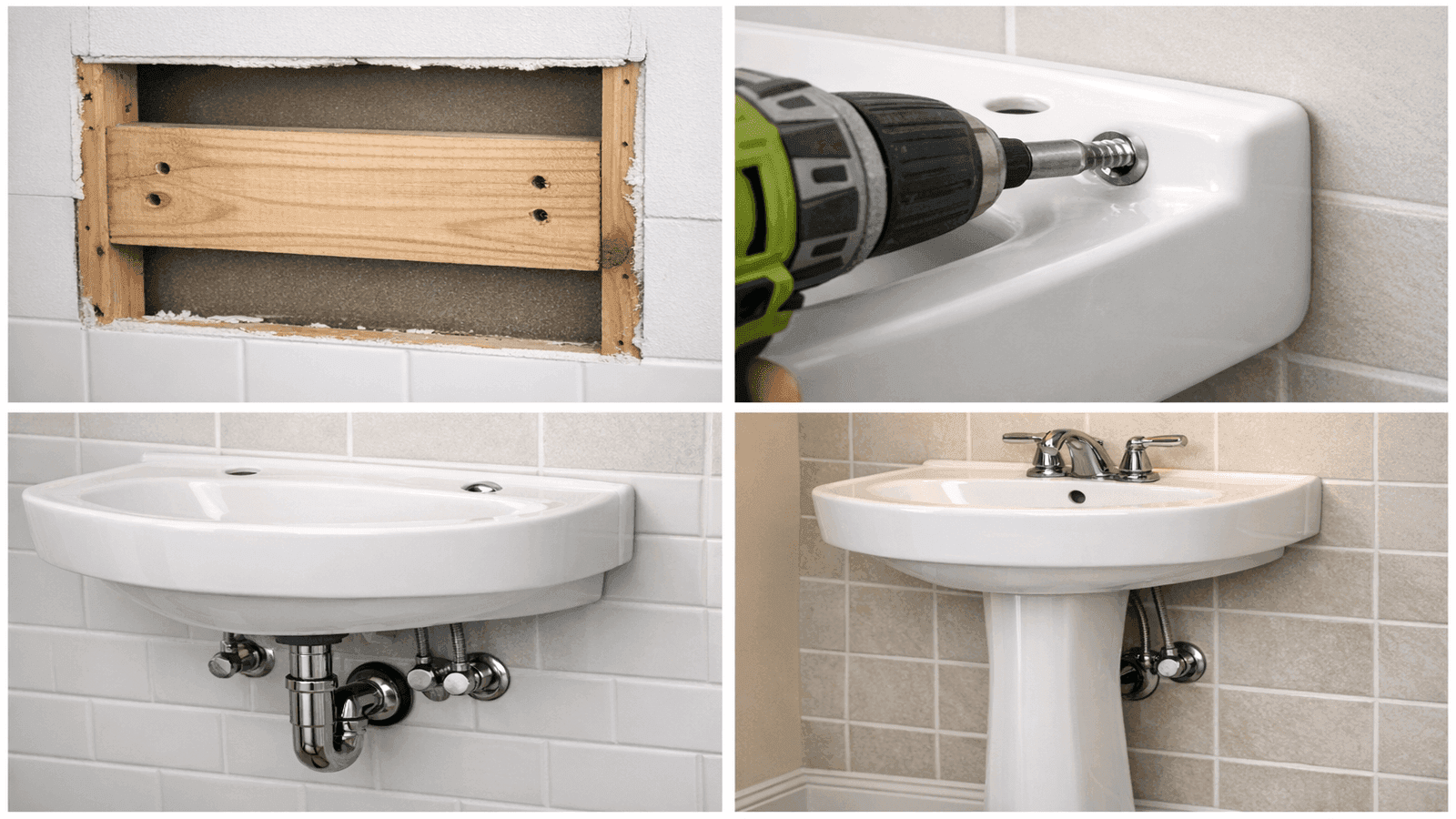 Step-by-step pedestal sink installation showing wall blocking, anchor bolt placement, and completed installation