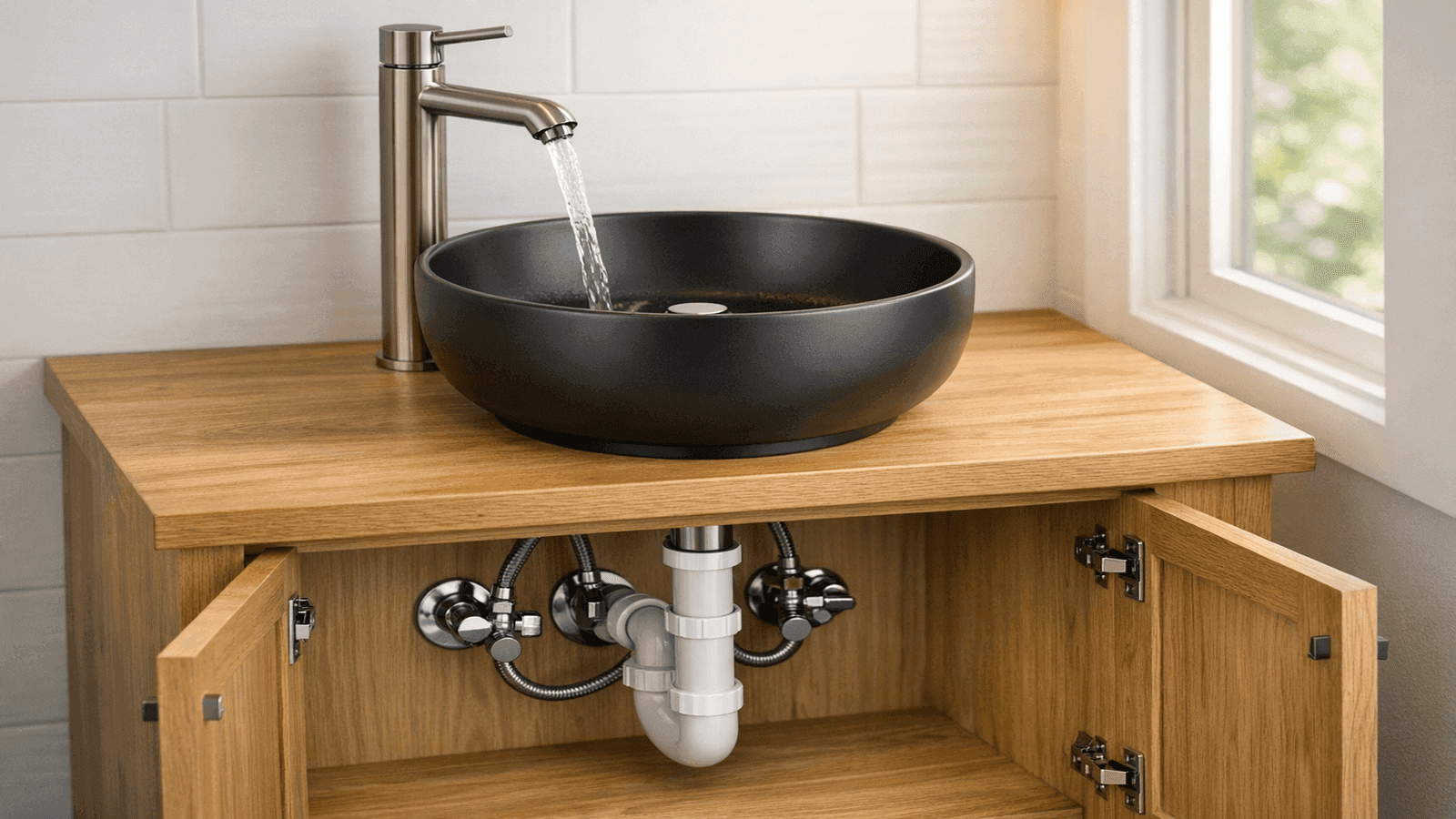 Vessel sink on lowered vanity with tall brushed nickel faucet and open cabinet showing supply line connections