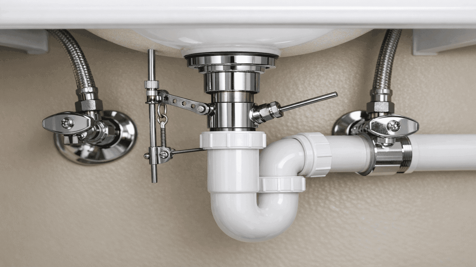 Complete bathroom sink drain assembly showing drain flange, pop-up pivot rod, P-trap, and supply line connections