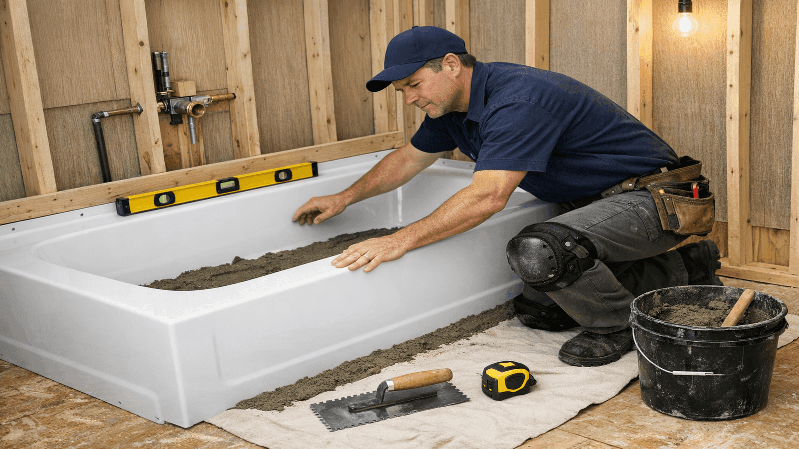 Plumber setting an alcove bathtub into a mortar bed in a bathroom rough-in, walls studded and ready for backer board, tools on drop cloth