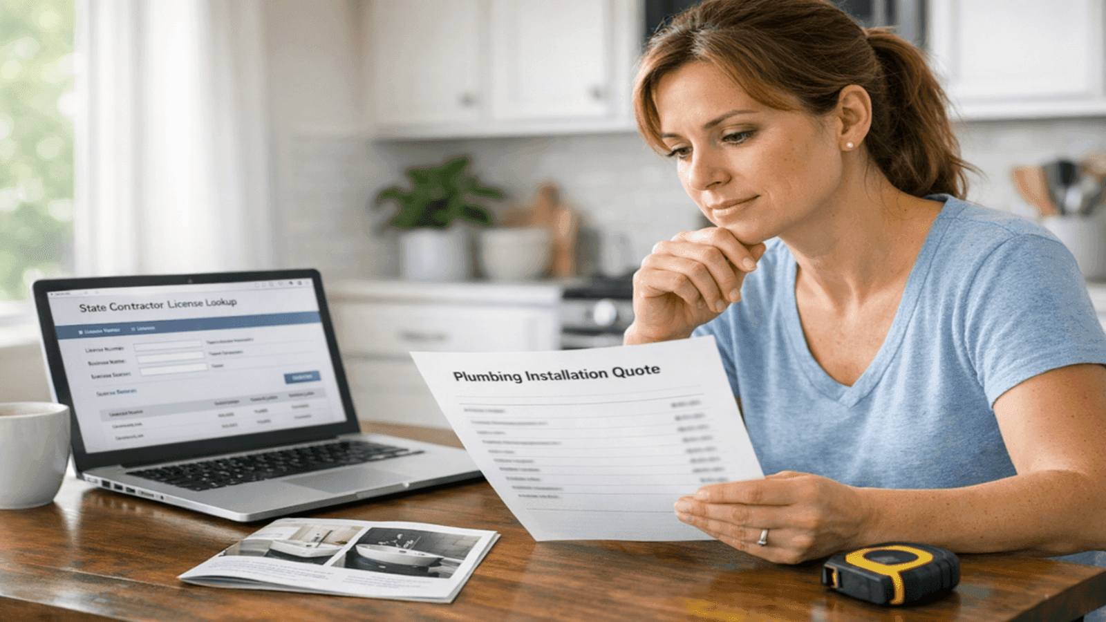 Homeowner reviewing bathroom sink installation quote with contractor license lookup open on laptop