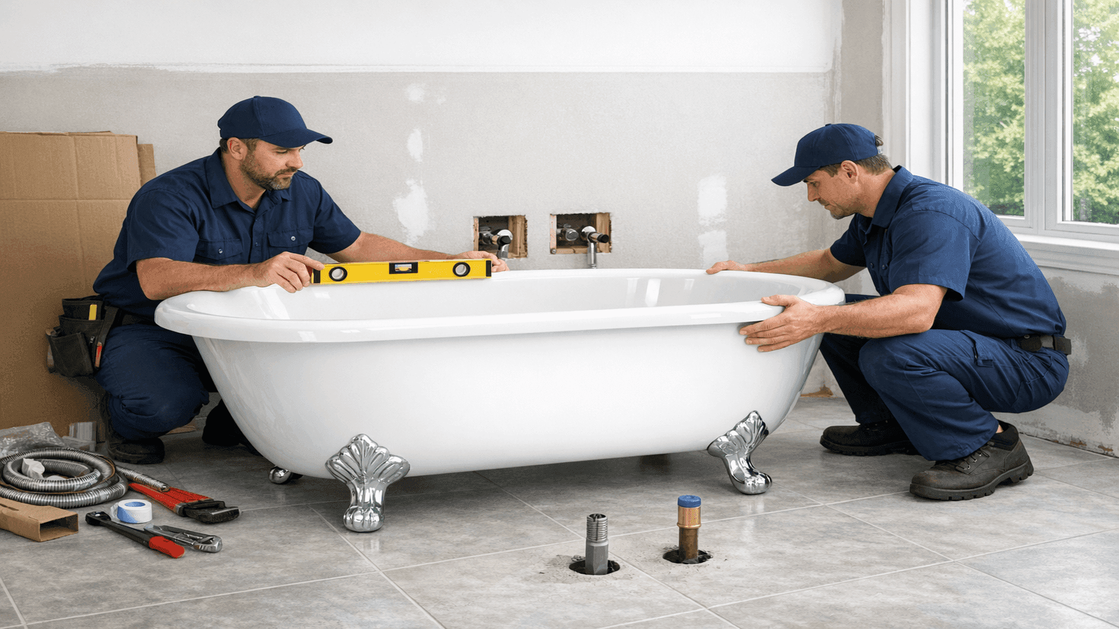 Freestanding clawfoot bathtub being positioned in a spacious bathroom, floor supply lines visible, two plumbers checking level