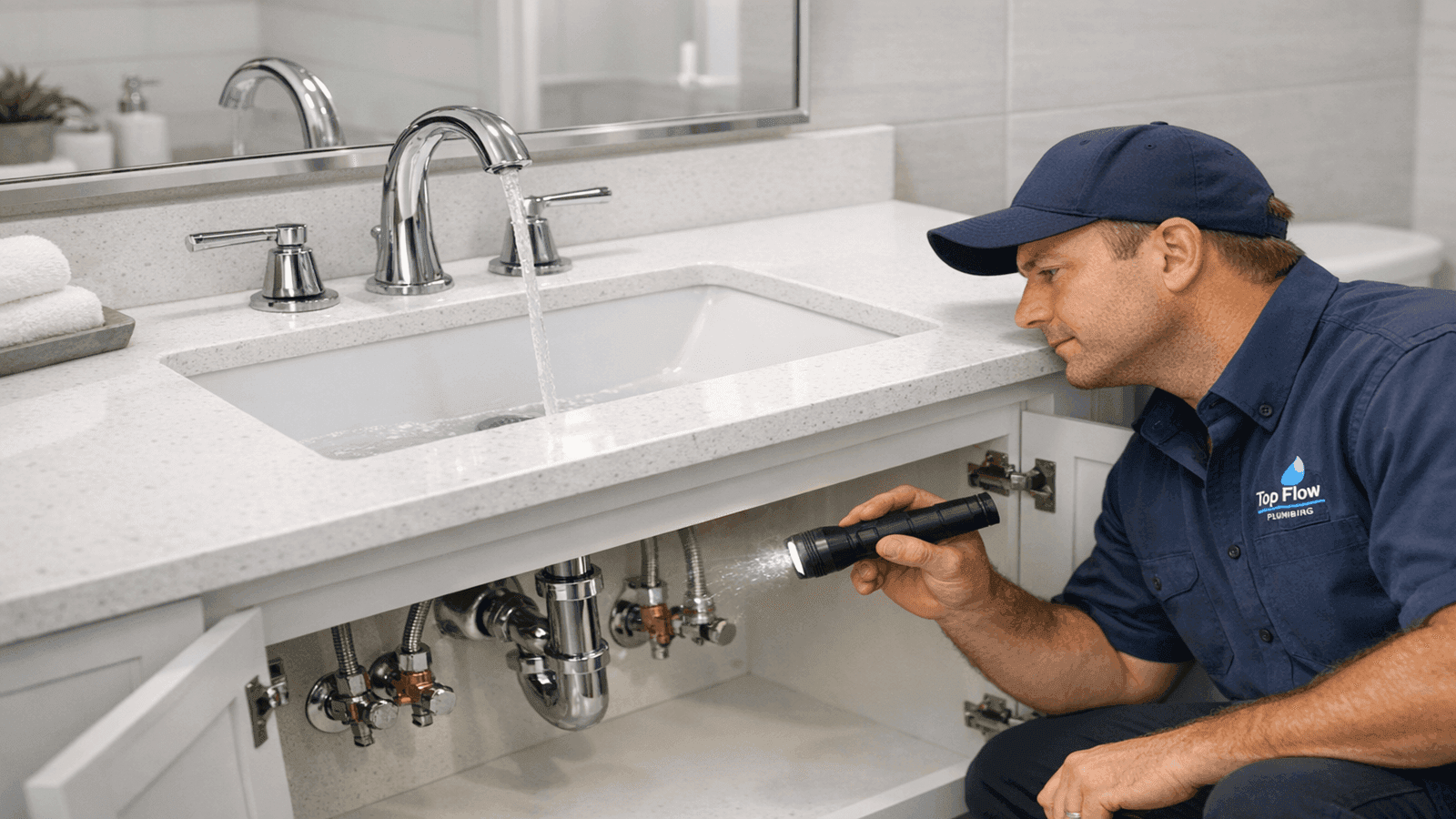 Completed bathroom vanity sink installation with plumber performing final leak inspection at supply connections