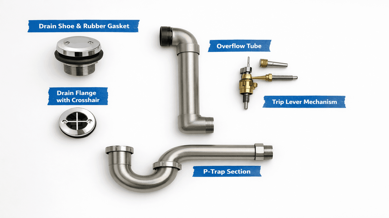 Bathtub drain and overflow assembly laid out before installation, P-trap, drain shoe, and overflow tube components labeled