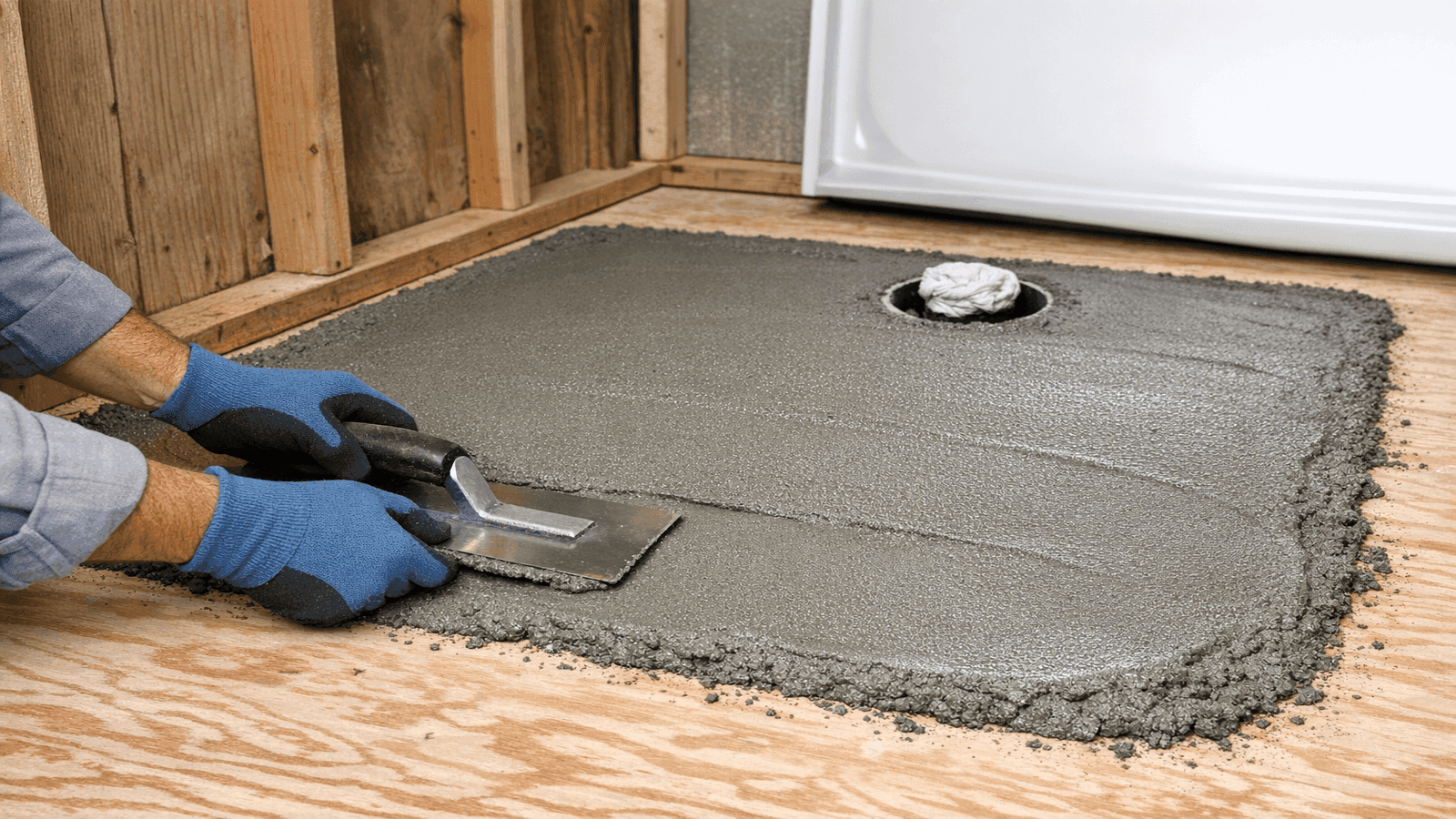 Plumber spreading mortar bed on bathroom subfloor before alcove tub installation, tub waiting to be lowered, consistent layer visible