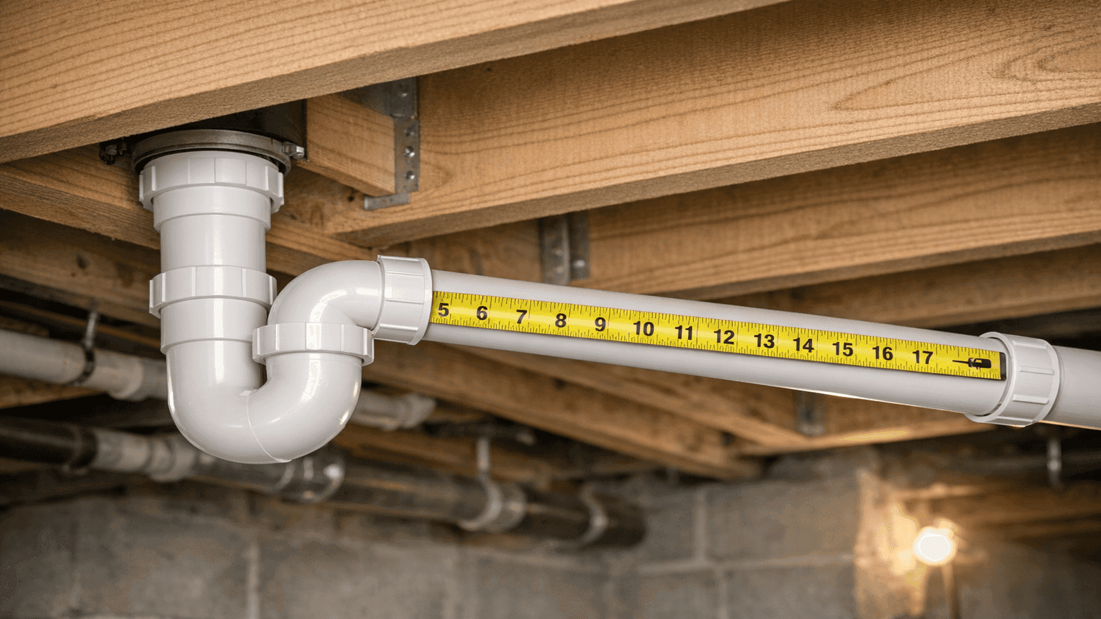 Bathtub drain rough-in showing P-trap connection below subfloor, drain pipe entering the trap, 1.5-inch pipe with proper slope visible