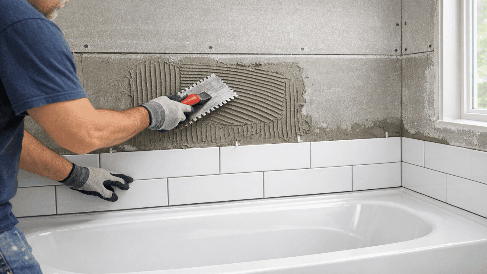 Tile surround being installed around alcove bathtub, cement backer board visible below tile rows, plumber applying tile adhesive