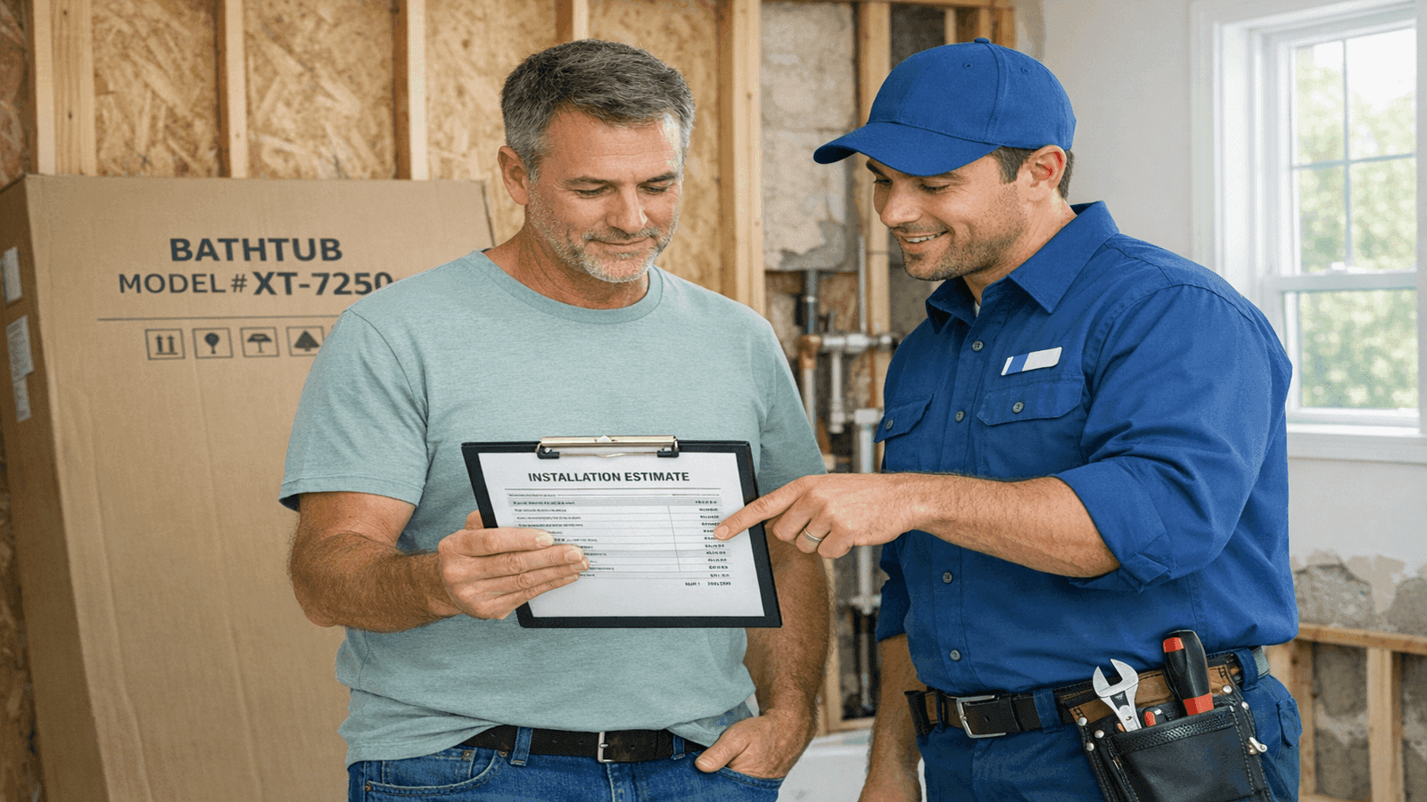 Homeowner reviewing bathtub installation estimate with plumber in bathroom, quote paperwork on clipboard, new tub in packaging visible