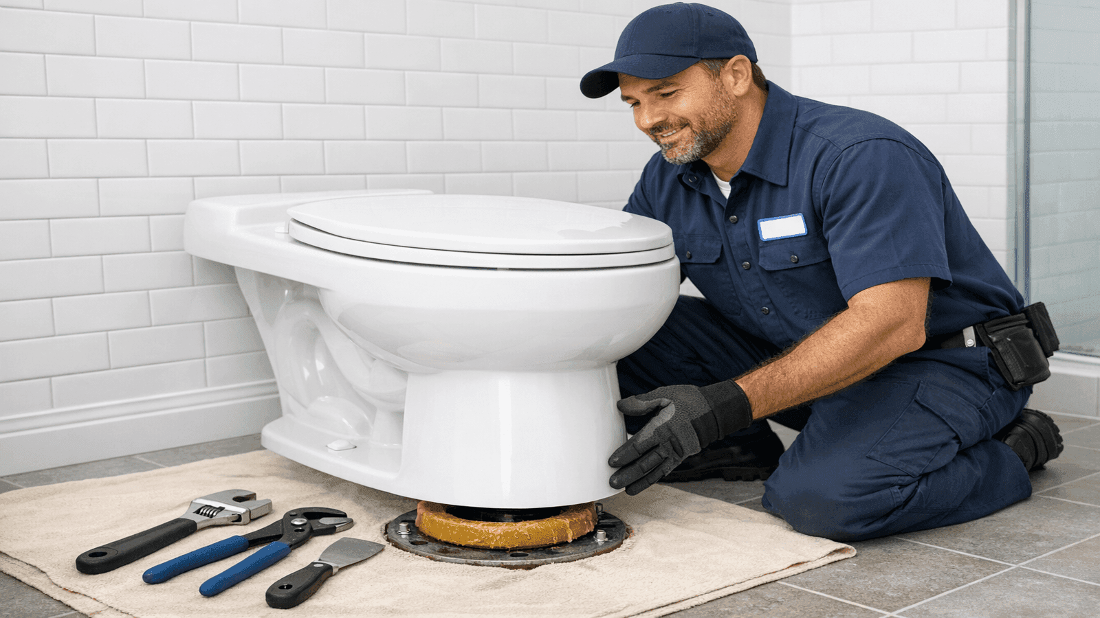 Licensed plumber setting a new toilet onto a floor flange in a clean bathroom, wax ring visible at the base, professional tools on a drop cloth nearby