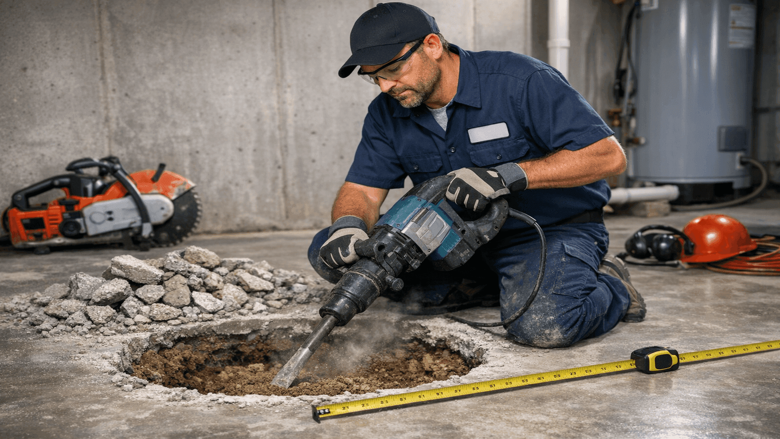 Licensed plumber excavating a sump pit in a basement floor, concrete removed and gravel base visible