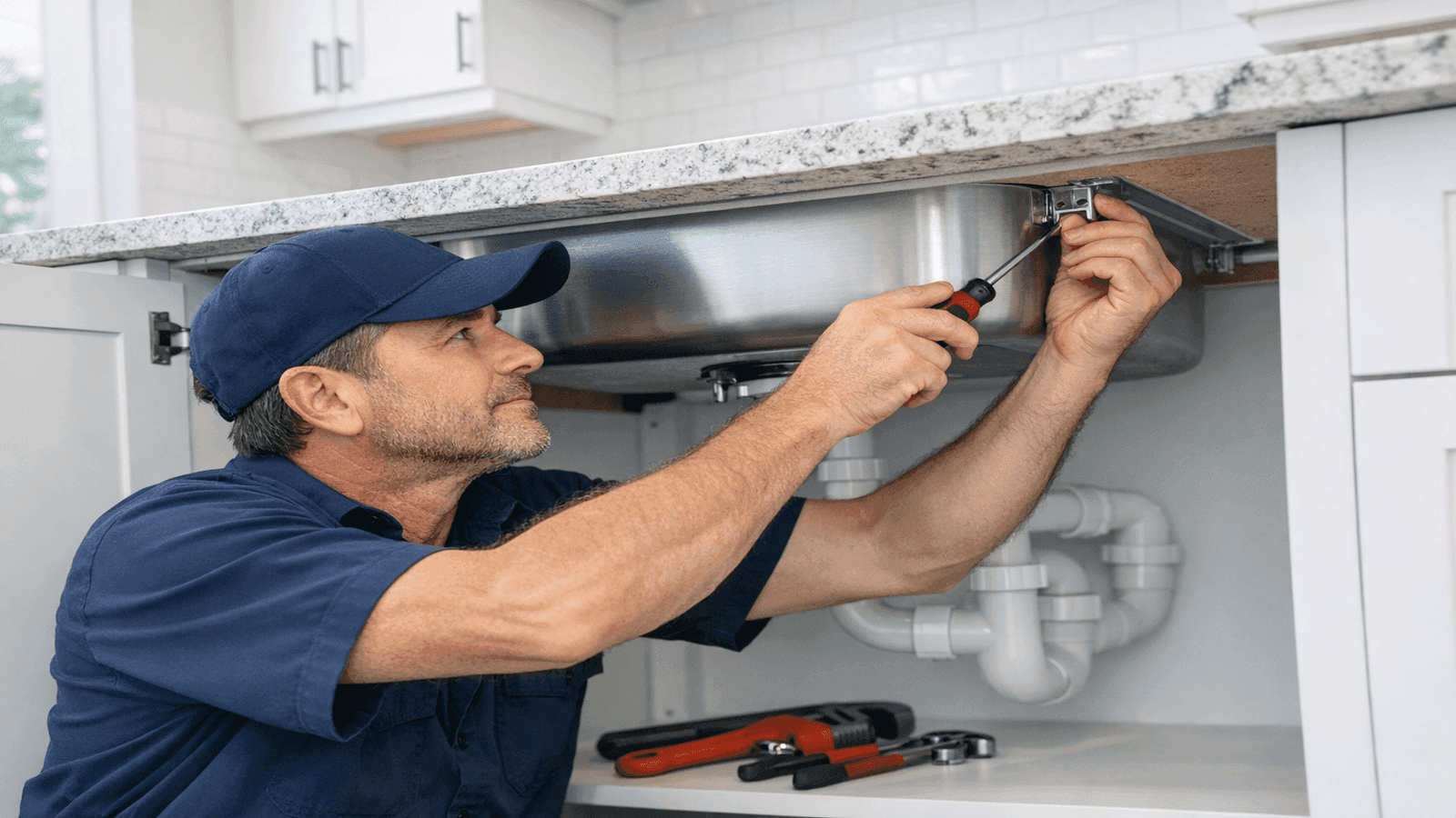 Licensed plumber installing undermount stainless steel kitchen sink under granite countertop, tightening mounting clips from below with proper tools