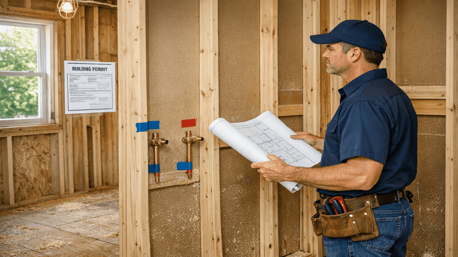 Licensed plumber reviewing shower rough-in plans in unfinished bathroom with copper supply lines stubbed at valve height and permit posted on wall