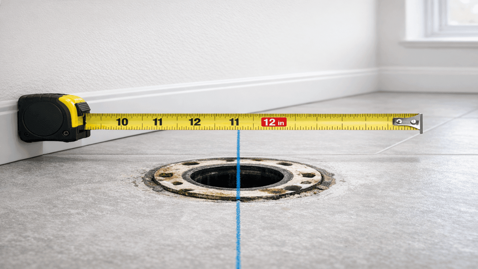 Tape measure showing 12-inch rough-in distance from finished wall to toilet drain center, chalk line on bathroom tile floor