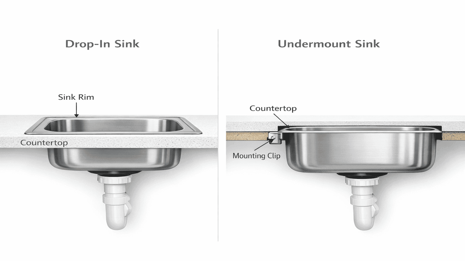 Side-by-side comparison of drop-in and undermount kitchen sinks showing rim visibility difference and mounting methods underneath countertop