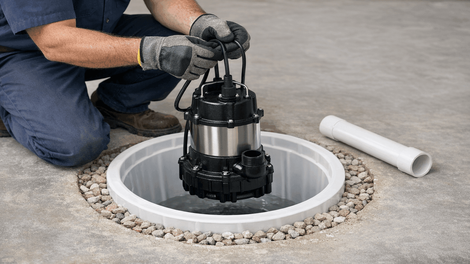 Submersible sump pump being lowered into a newly lined pit in a basement floor, discharge port visible