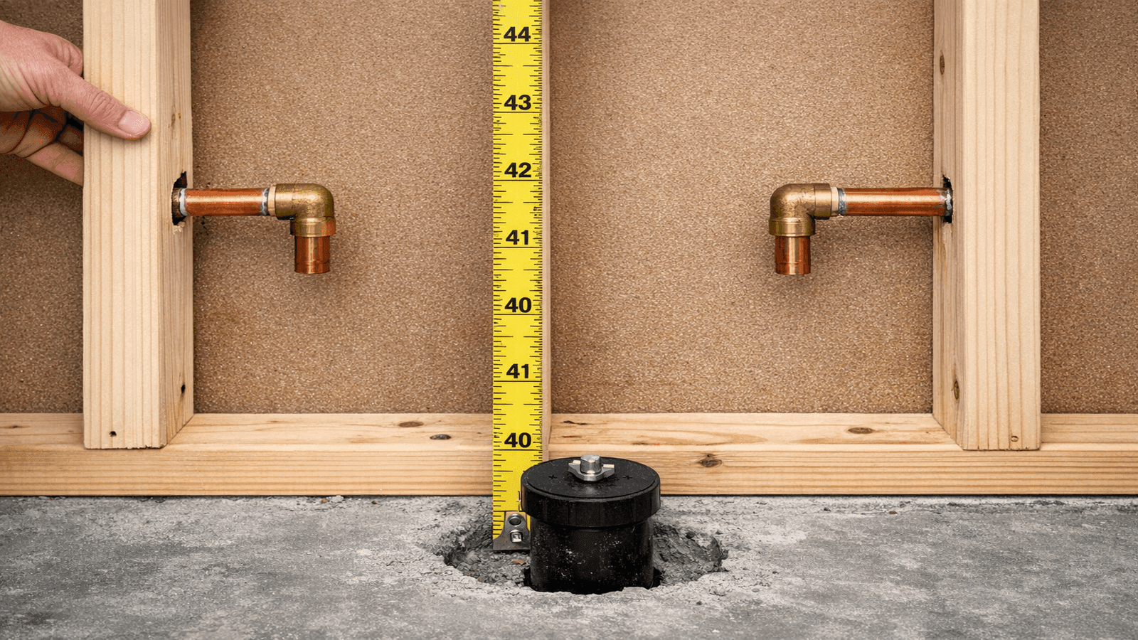 Bathroom framing showing shower supply rough-in with hot and cold copper pipes at 44 inches from subfloor and centered drain rough-in visible in floor