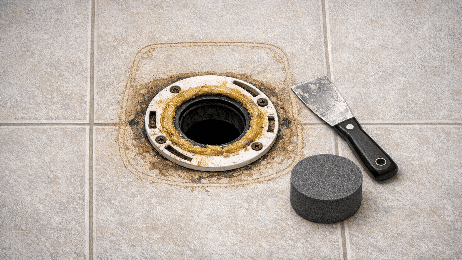 Old toilet lifted away from floor, exposed floor flange with old wax ring residue, putty knife beside the drain opening
