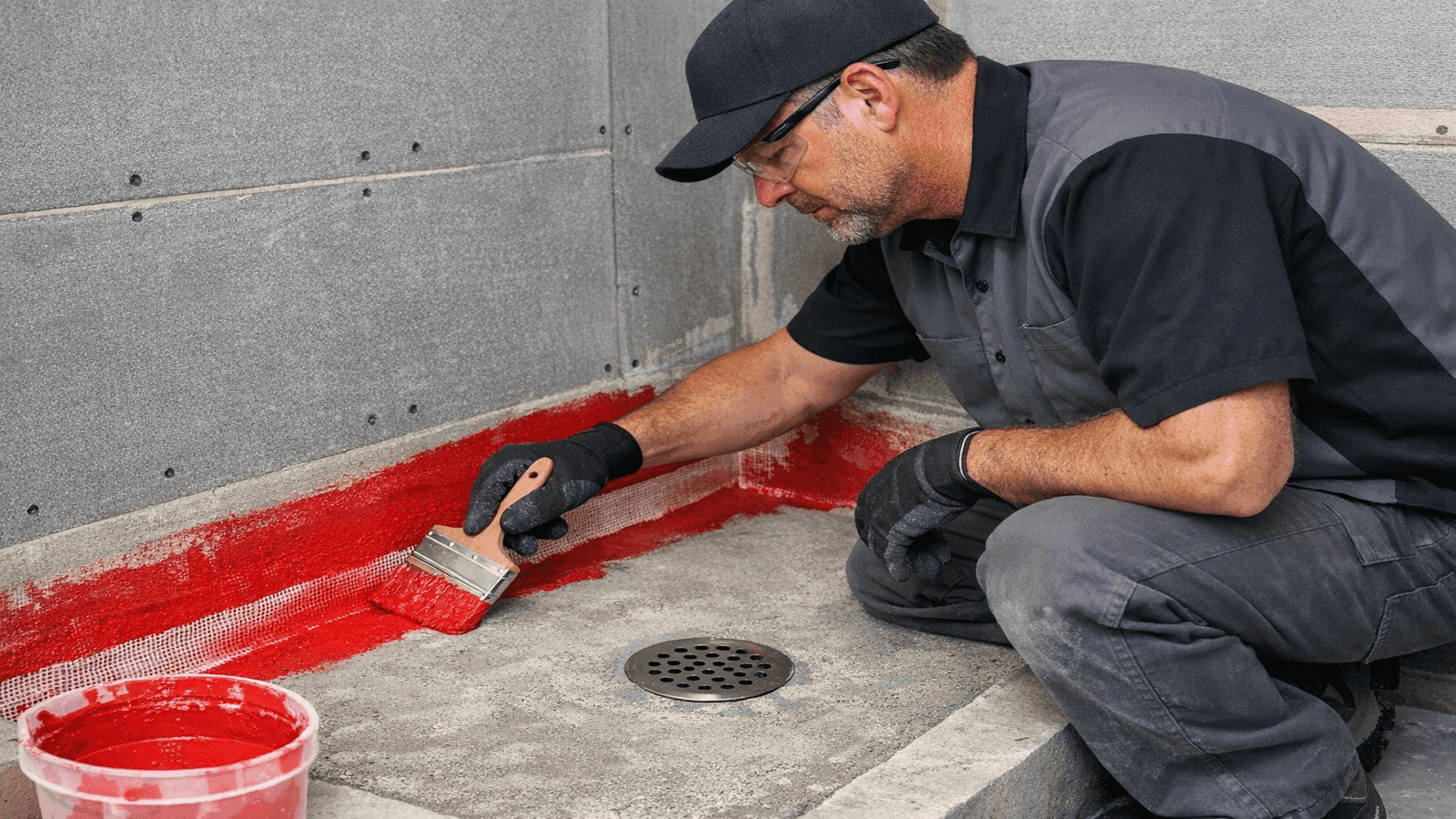 Plumber applying red liquid waterproofing membrane at floor-to-wall corner of tile shower base with fabric tape embedded at seam