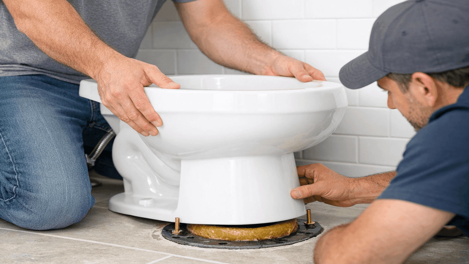 Homeowner pressing new toilet onto floor flange with wax ring, both hands on bowl rim applying downward pressure, helper visible at side