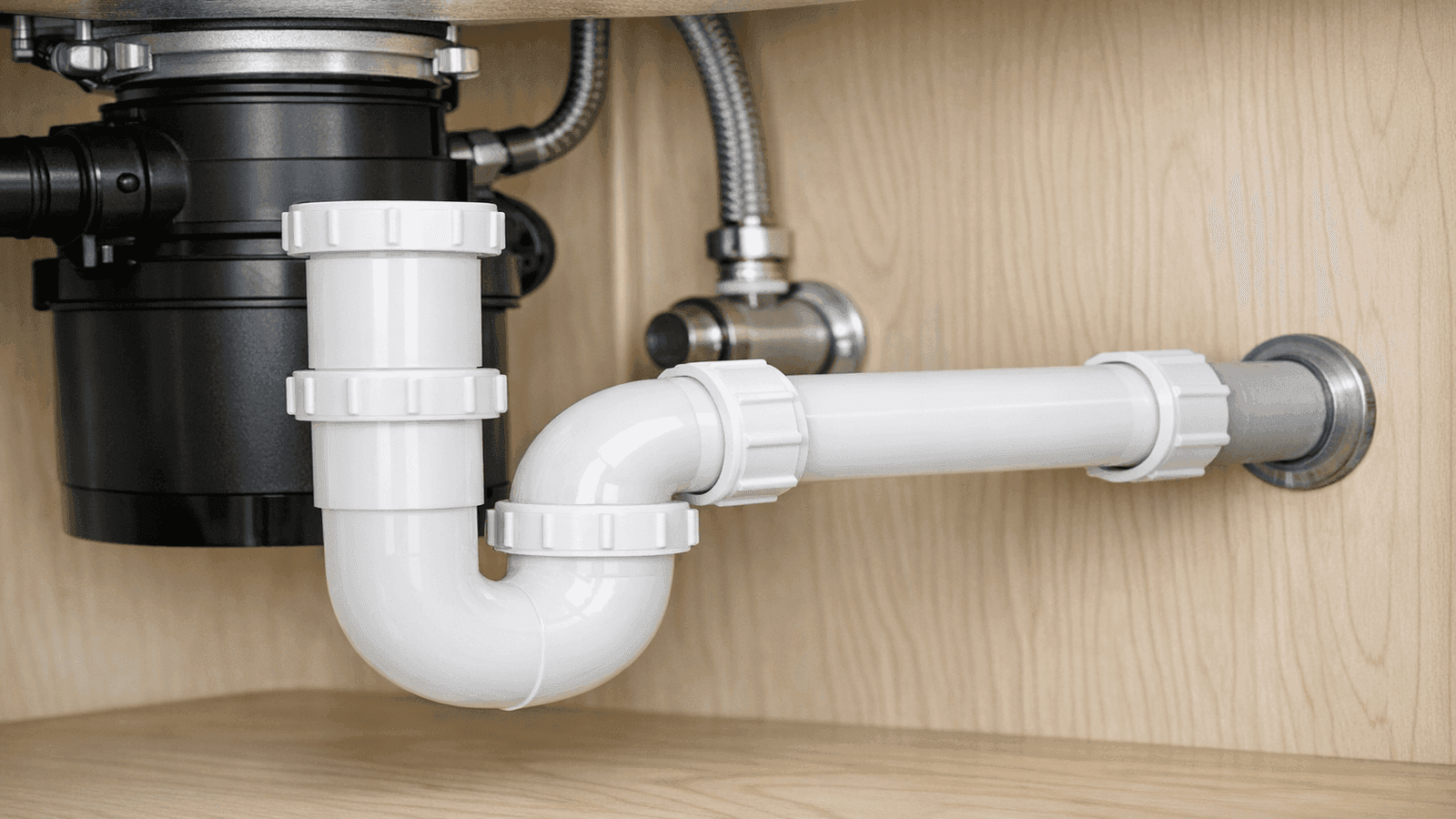 Plumber connecting a rigid PVC P-trap under a kitchen sink showing proper alignment of drain arm to wall stub-out and slip nut connections