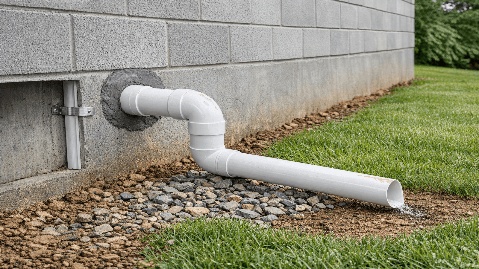 PVC discharge pipe exiting through basement wall, elbow fitting directing water away from foundation exterior