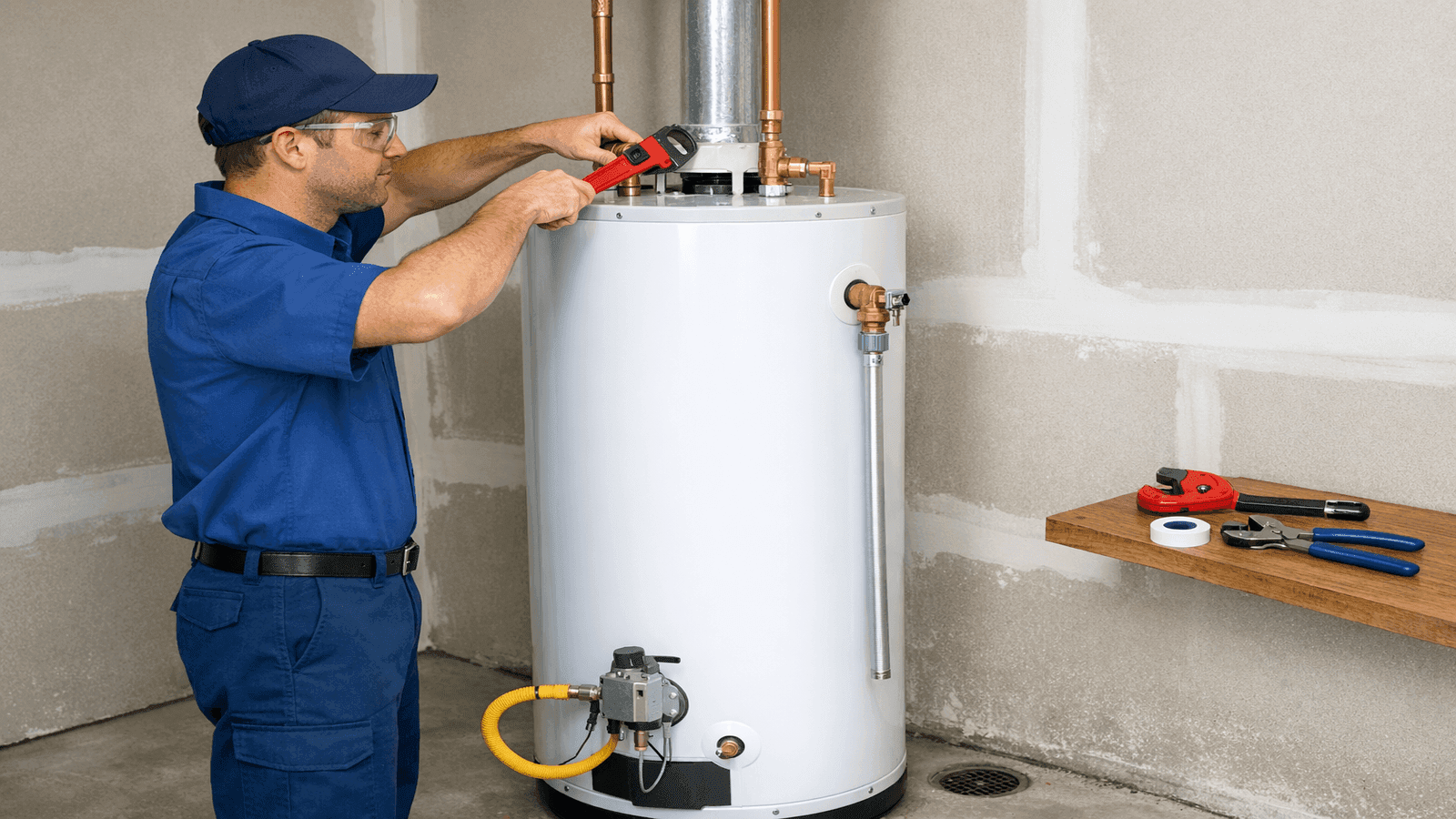Licensed plumber installing a 50-gallon gas tank water heater in a residential utility room, copper supply lines and PRV valve visible