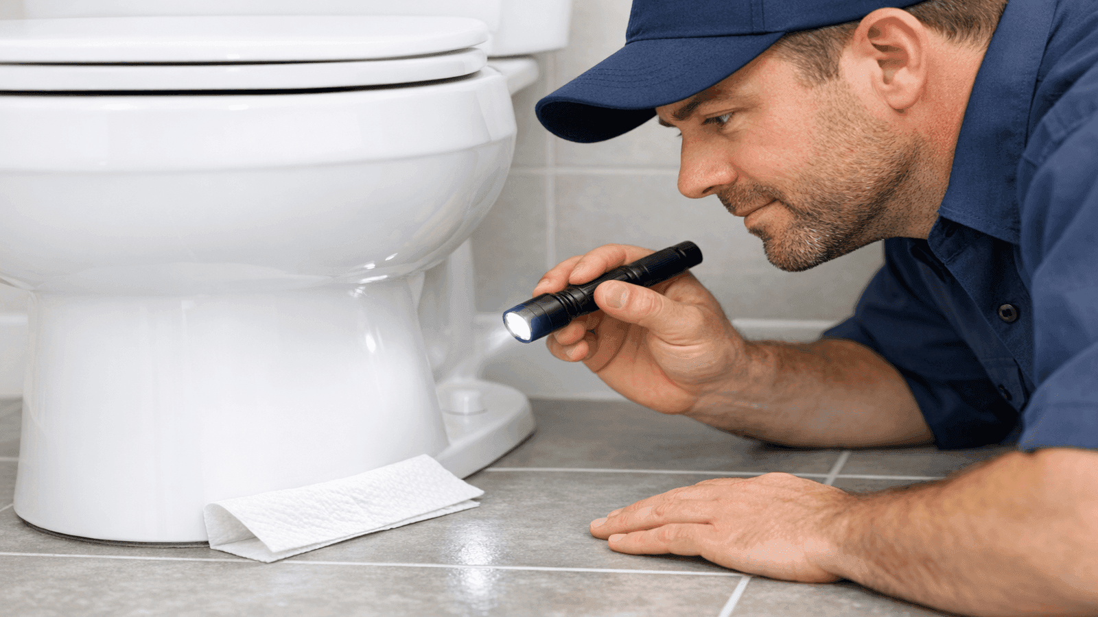 Plumber checking for leaks around toilet base with flashlight after installation, dry paper towel visible under toilet front