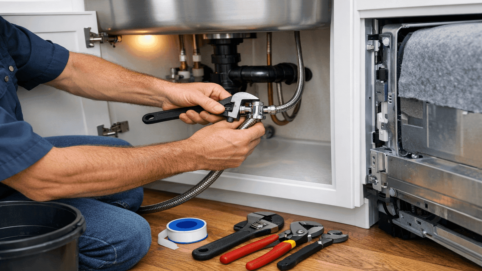 Licensed plumber connecting a braided stainless steel water supply line to an angle stop valve under a kitchen sink with a dishwasher visible to the right