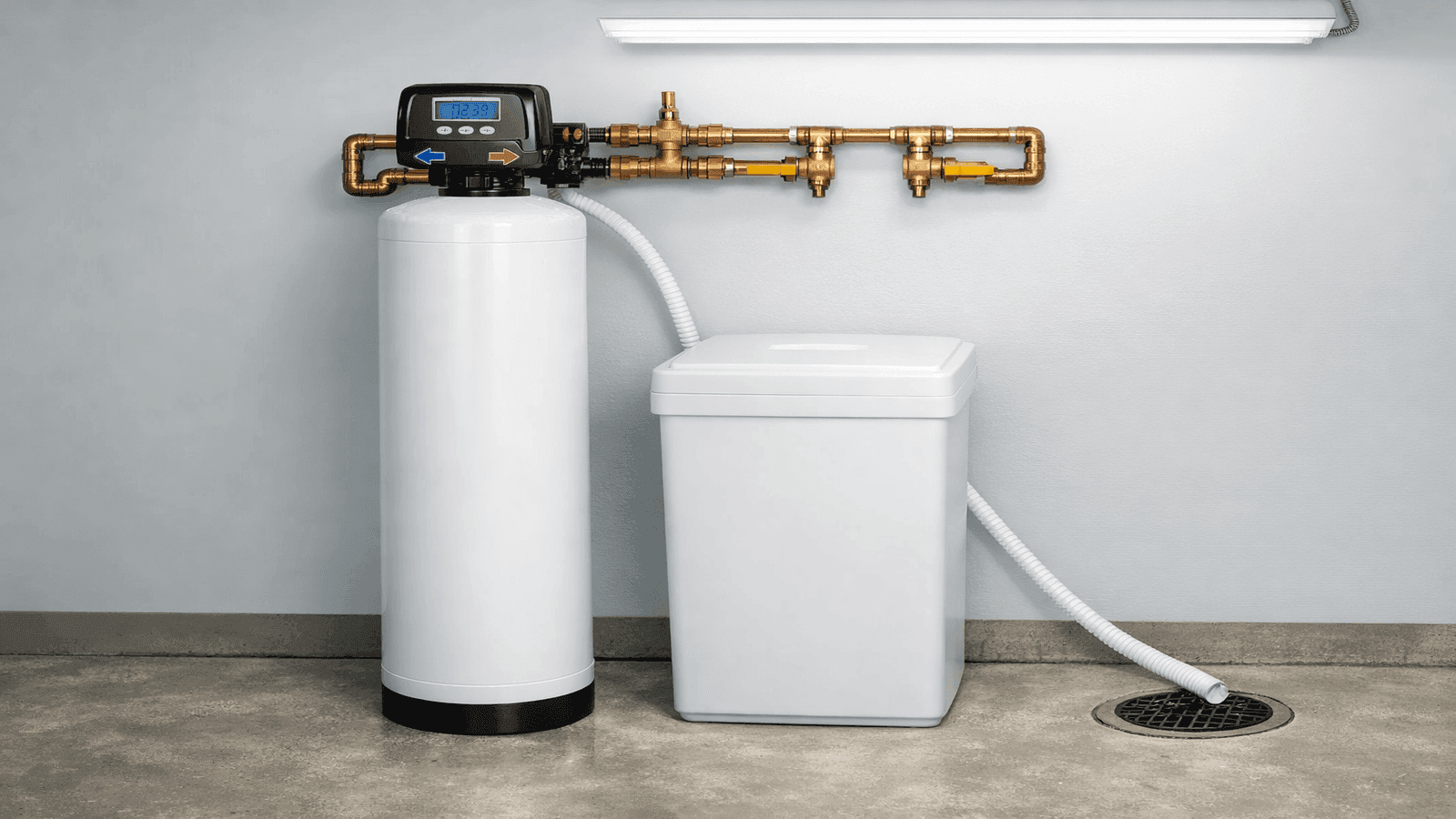 Whole-house water softener installed in a utility room, mineral tank and brine tank side by side, copper pipe connections visible with bypass valve assembly