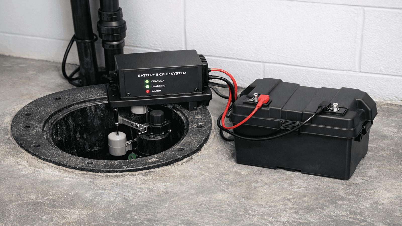 Battery backup unit connected to sump pump system in basement pit, control panel and battery visible