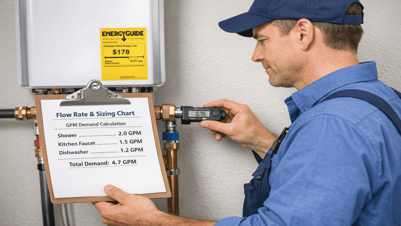 Plumber measuring pipe diameter and reviewing tankless water heater sizing chart mounted on wall beside unit