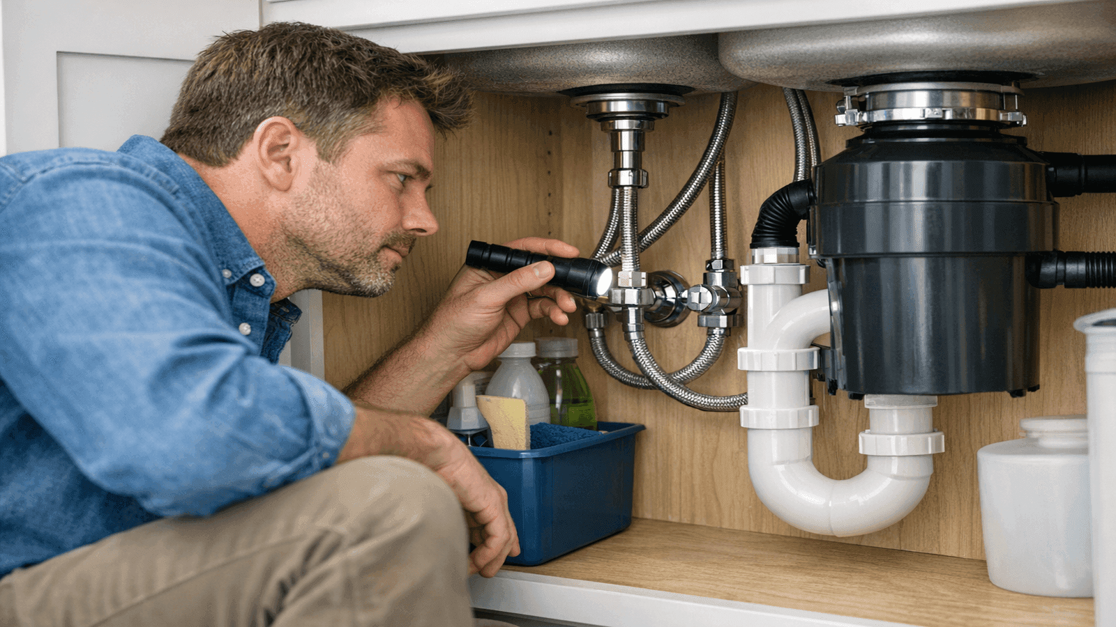 Homeowner inspecting supply line connections under kitchen sink with flashlight 24 hours after installation to check for slow seeps