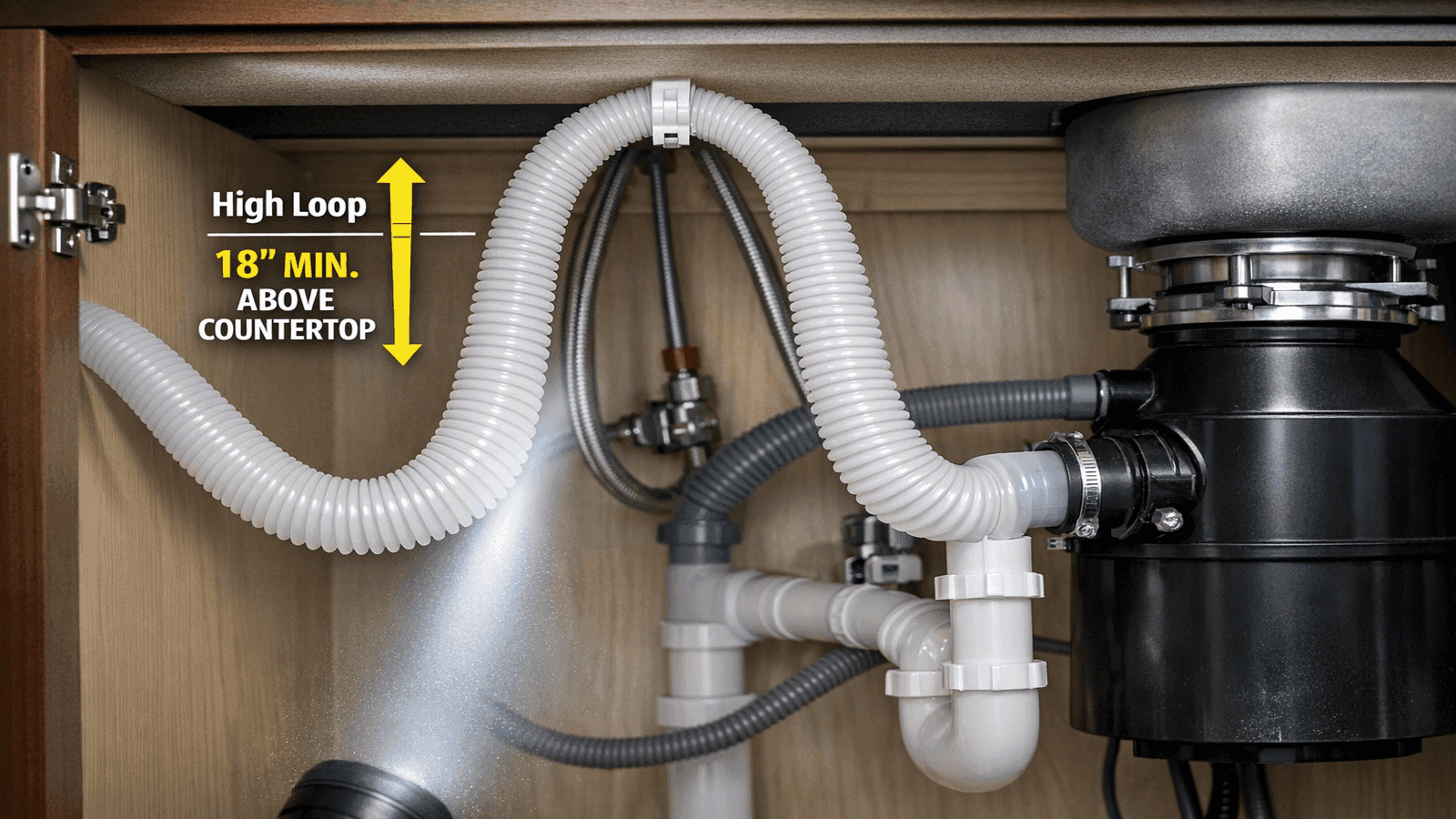 Dishwasher drain hose routed in a high loop secured near the top of the cabinet interior before connecting down to a garbage disposal unit under the sink