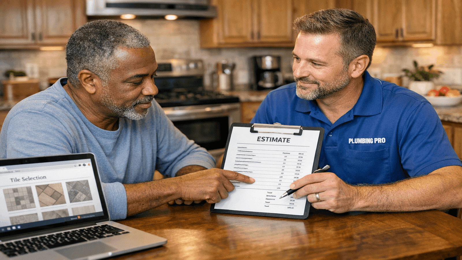 Homeowner reviewing itemized shower installation quote with licensed plumber at kitchen table, laptop open showing tile options