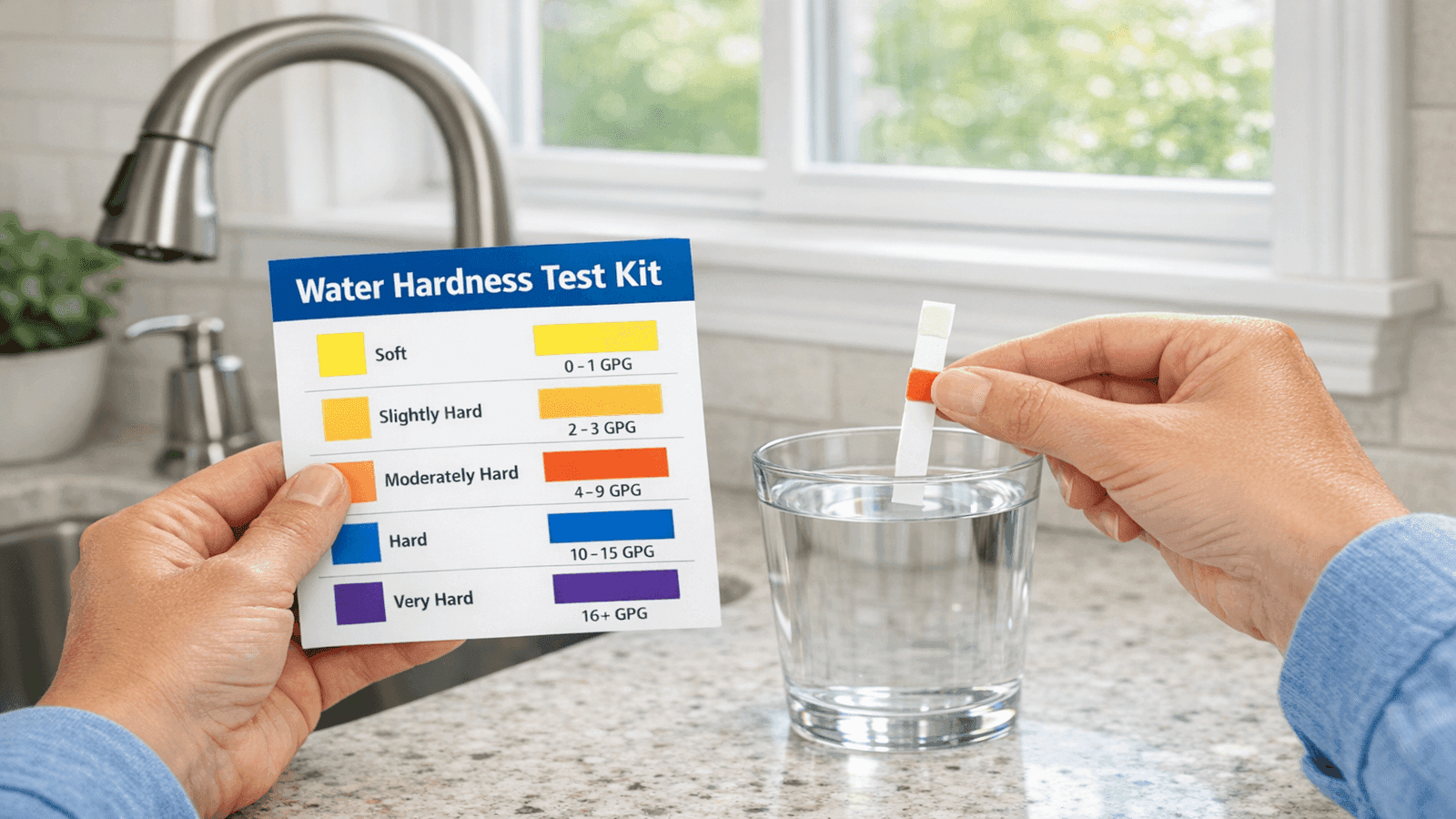 Homeowner using a water hardness test kit, test strip dipped into a glass of water, color comparison chart visible on the packaging