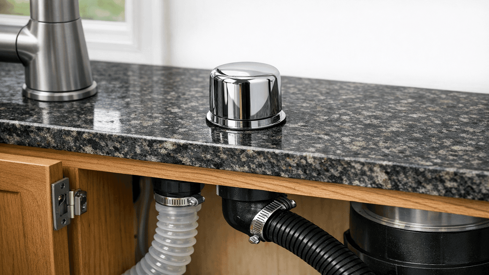 Chrome dishwasher air gap device installed through a granite countertop next to the kitchen faucet, with hose connections visible below the cabinet