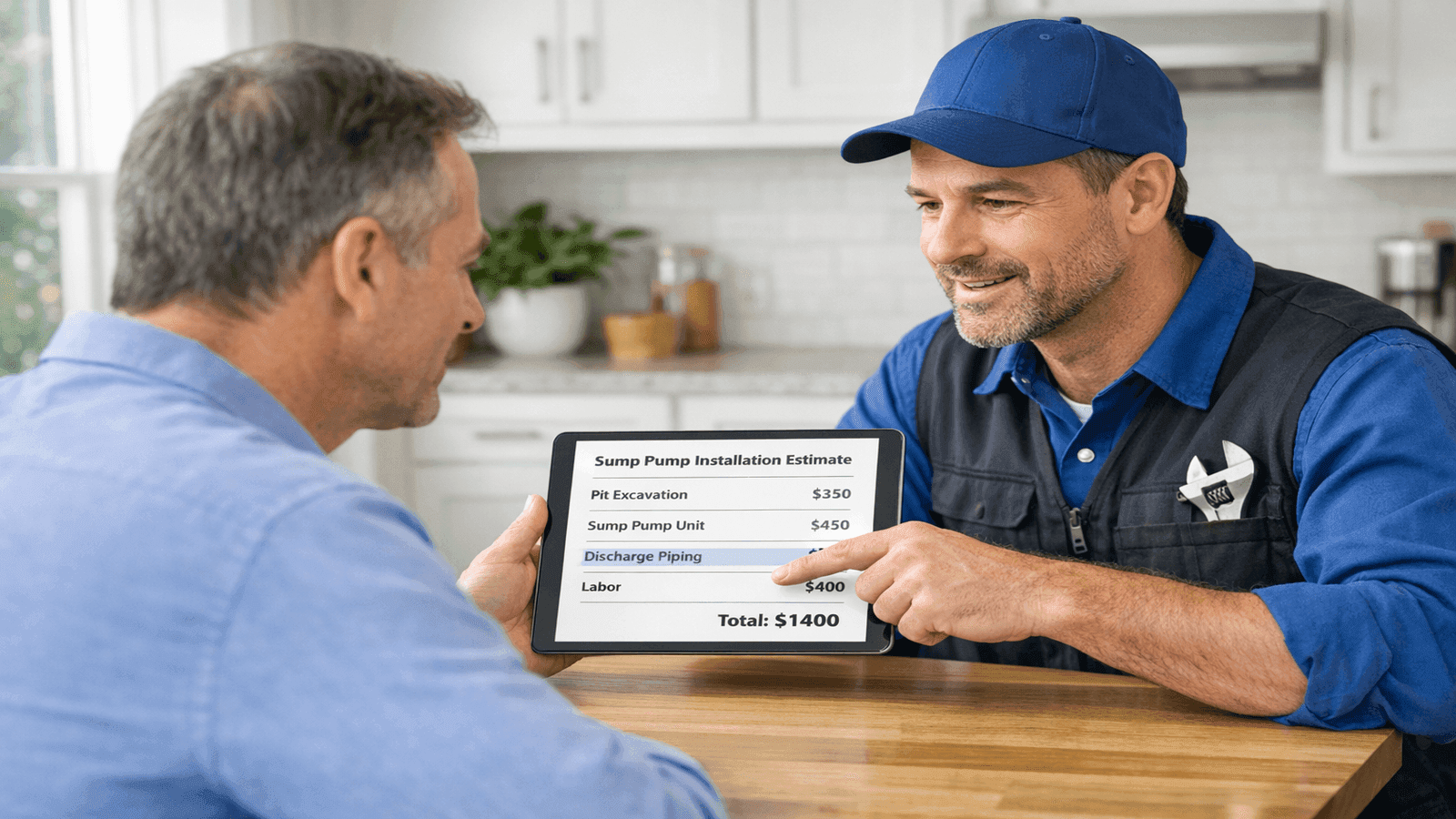 Homeowner reviewing sump pump installation quote with licensed plumber at kitchen table, paperwork visible