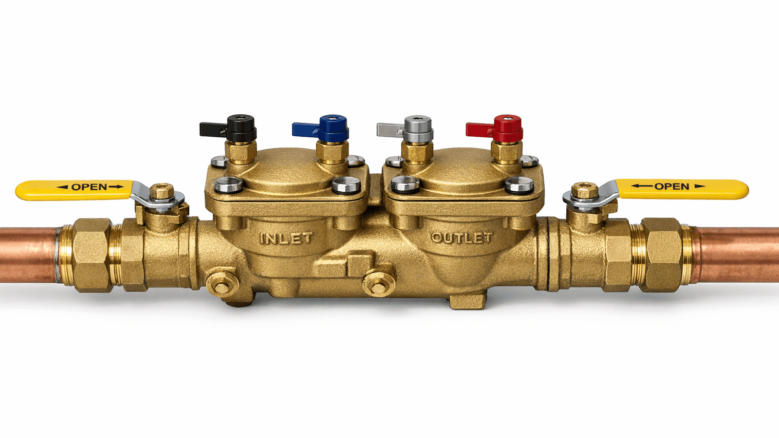 Double check valve assembly close-up showing two brass check valve chambers in series with four test ports and shutoff handles on copper pipe