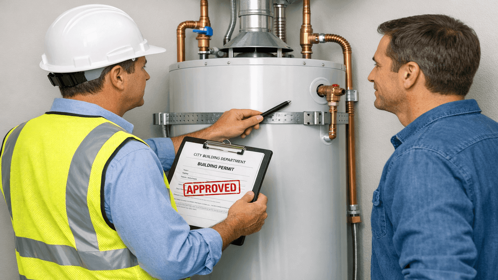 Building inspector reviewing water heater installation permit paperwork at residential utility room, city permit stamp visible