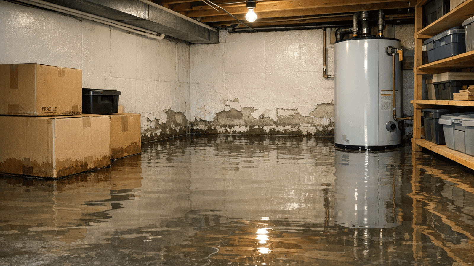 Flooded basement with standing water and damaged belongings, showing consequences of not having a sump pump