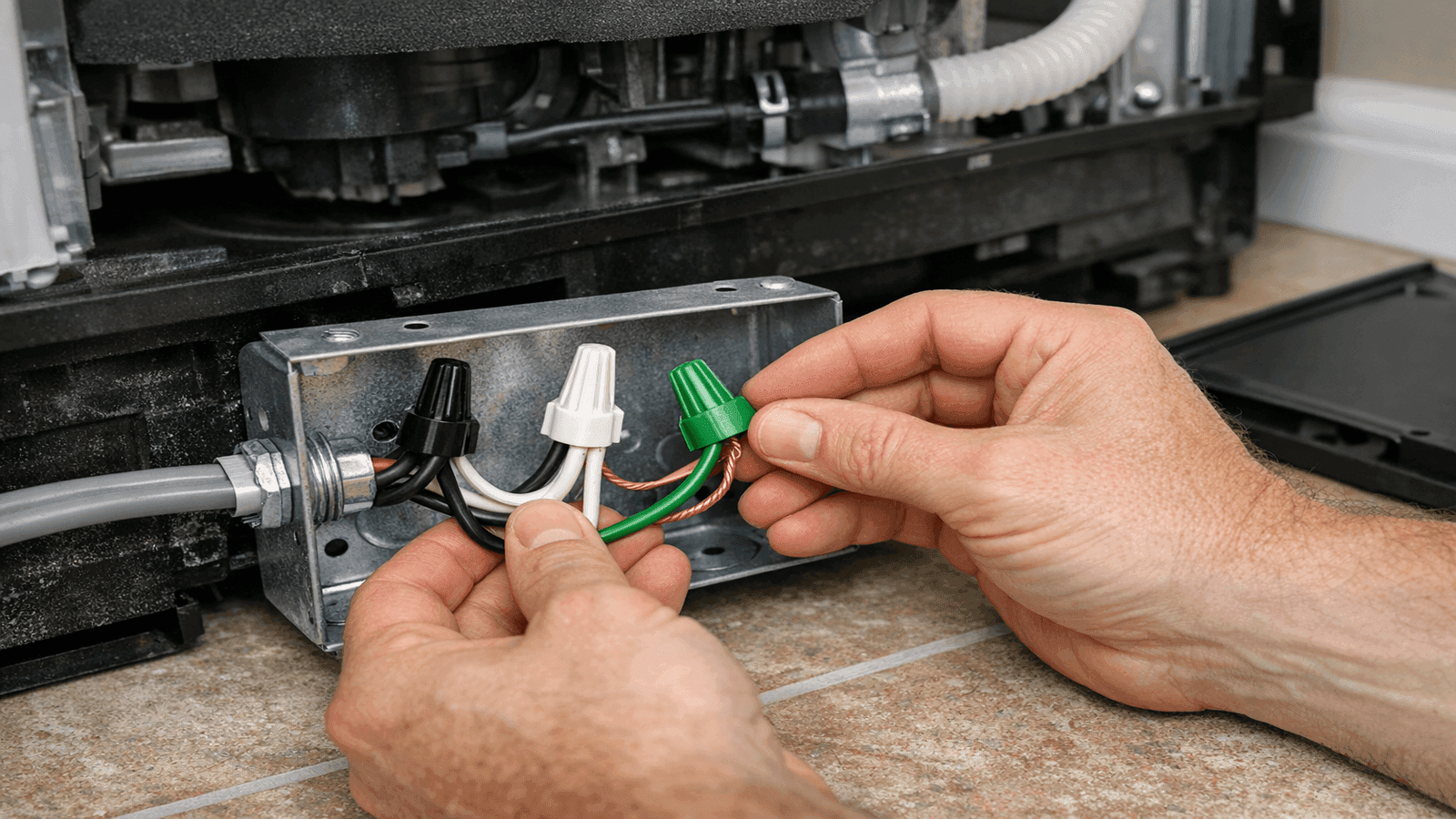 Electrician's hands making hardwired junction box connections inside a dishwasher kick panel with color-coded wire nuts for hot neutral and ground wires