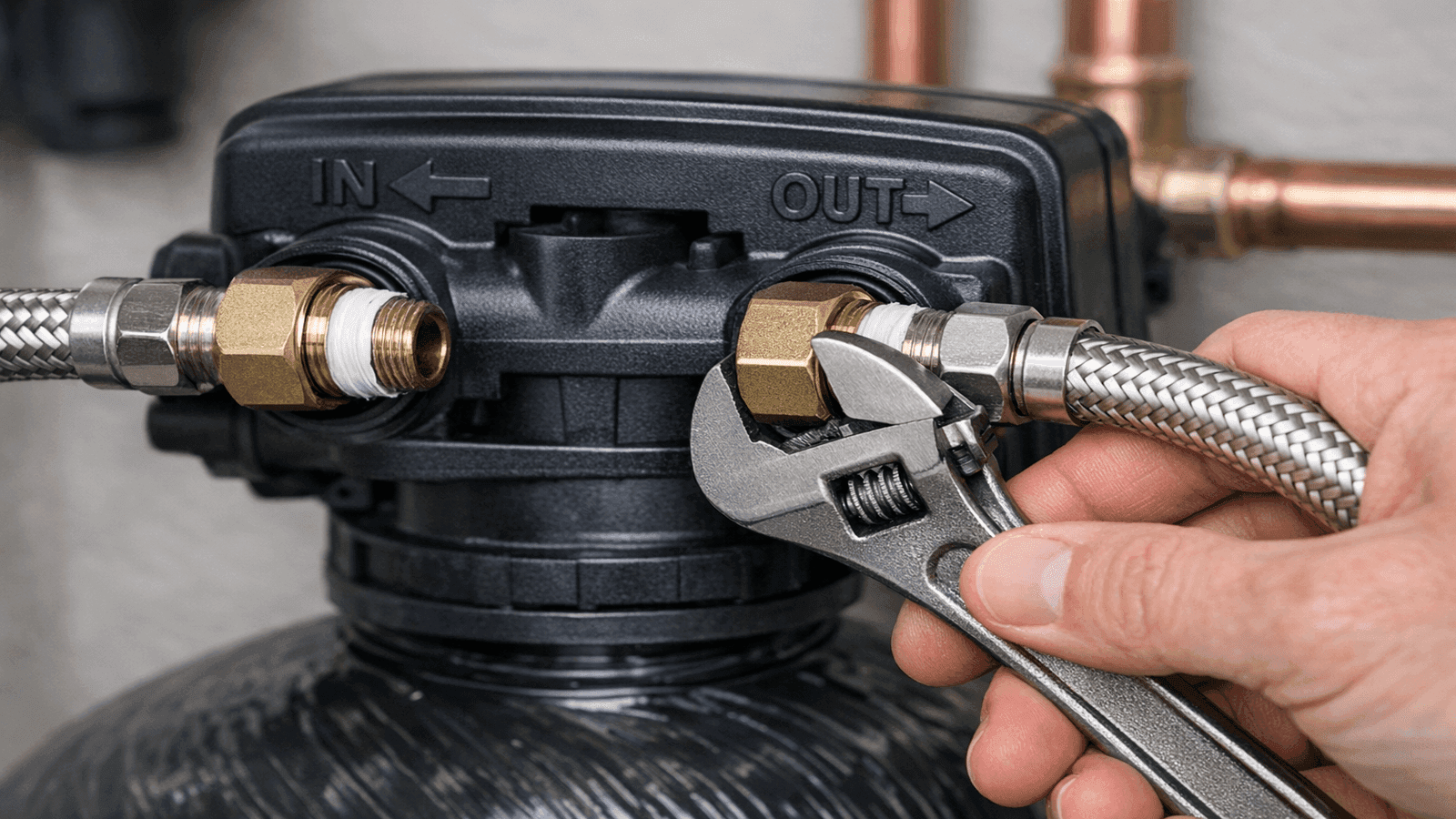 Close-up of inlet and outlet pipe connections on water softener control valve, flow direction arrows visible, flexible stainless connectors with compression fittings