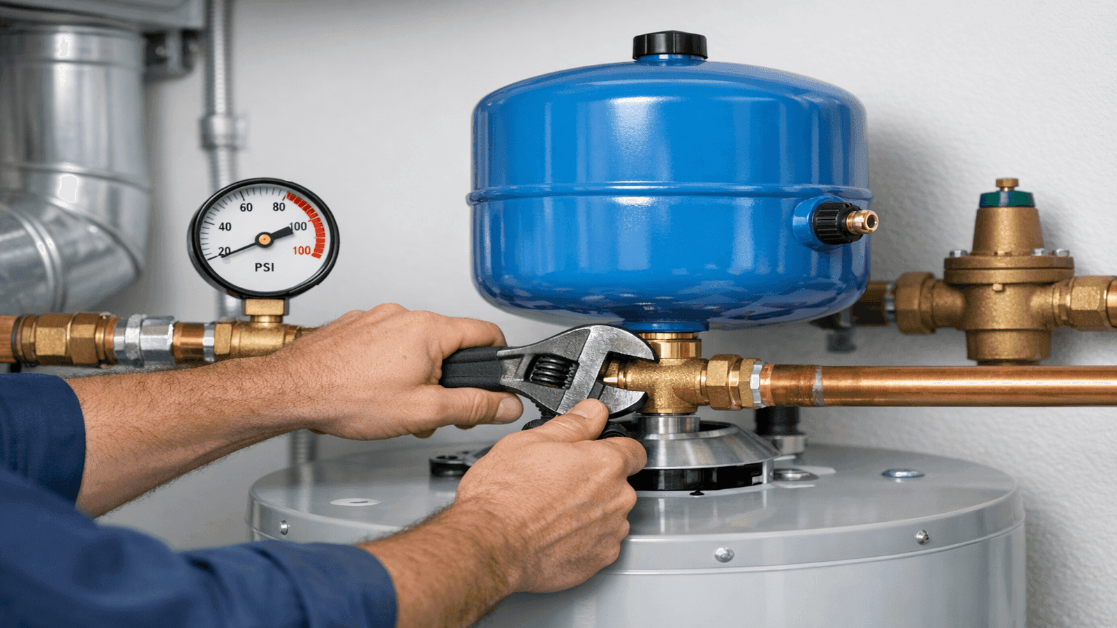 Plumber installing thermal expansion tank on cold water supply line above water heater, copper fittings and pressure gauge visible