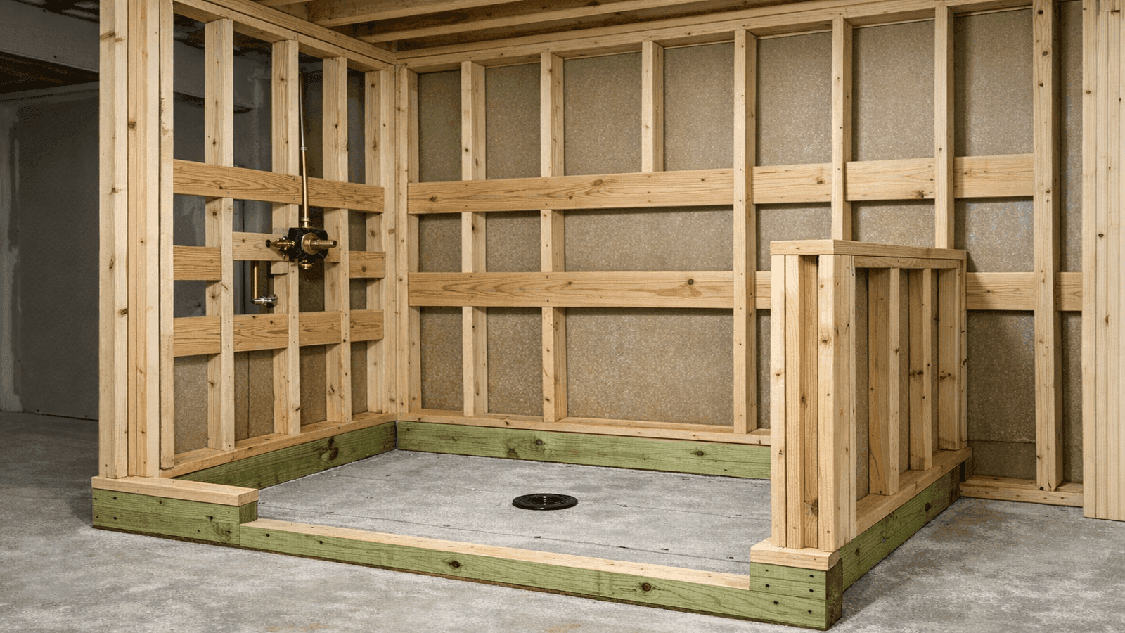 Unfinished walk-in shower framing showing pressure-treated base lumber, horizontal blocking for glass panels, and half-wall partition with double studs