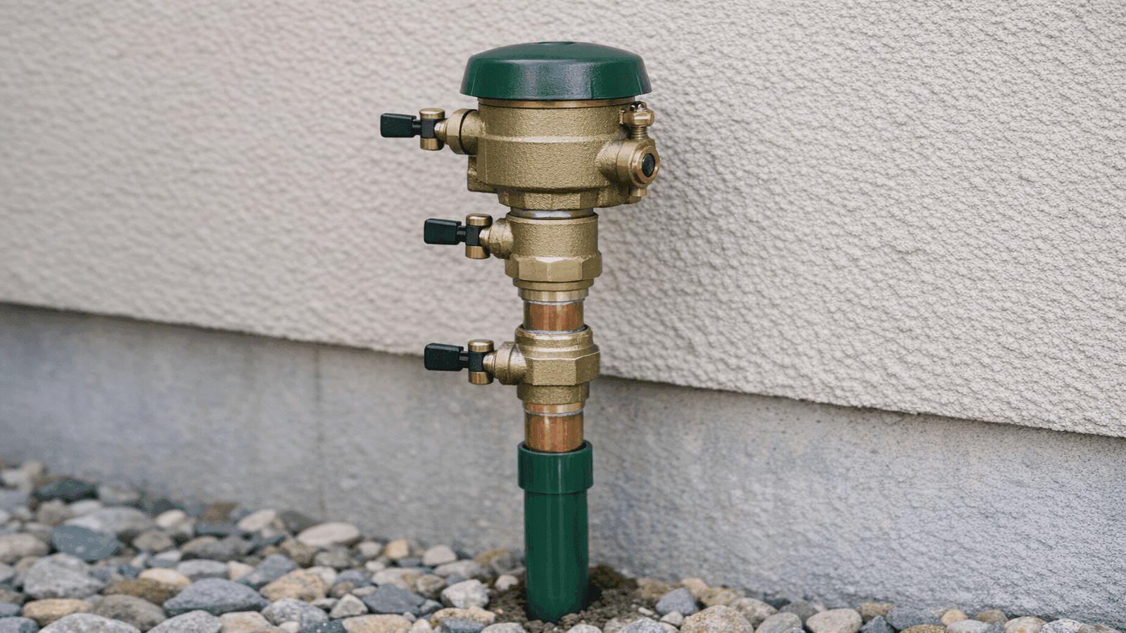 Pressure vacuum breaker installed on residential irrigation supply line at exterior of house, showing spring-loaded air inlet and shutoff handles 18 inches above ground level