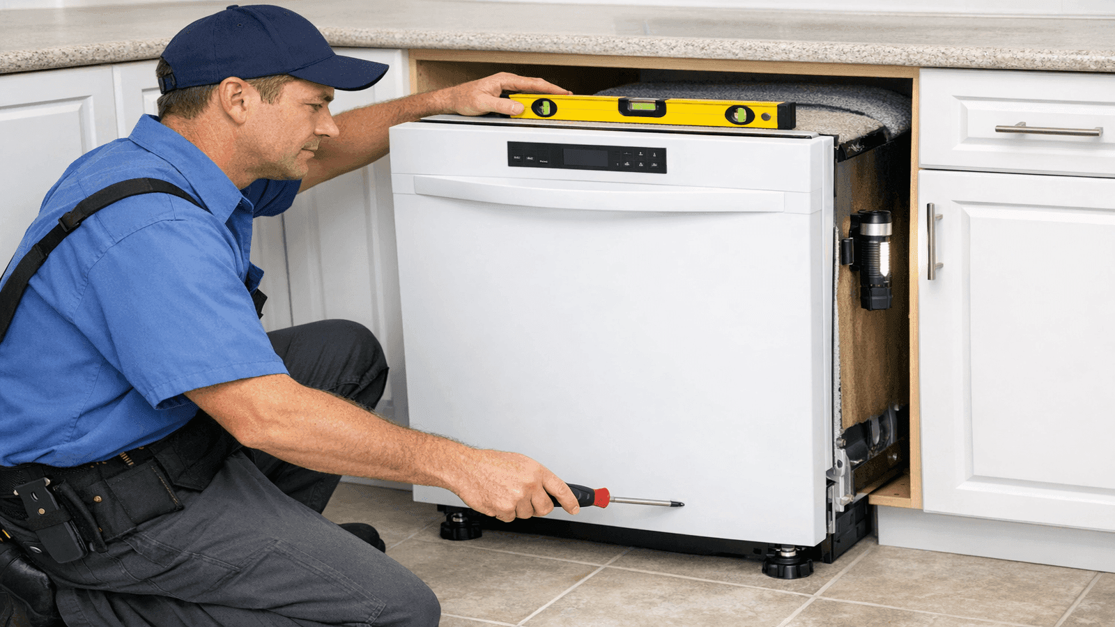 Plumber using a spirit level on top of a dishwasher being slid into a kitchen cabinet opening while adjusting the front leveling legs with a screwdriver